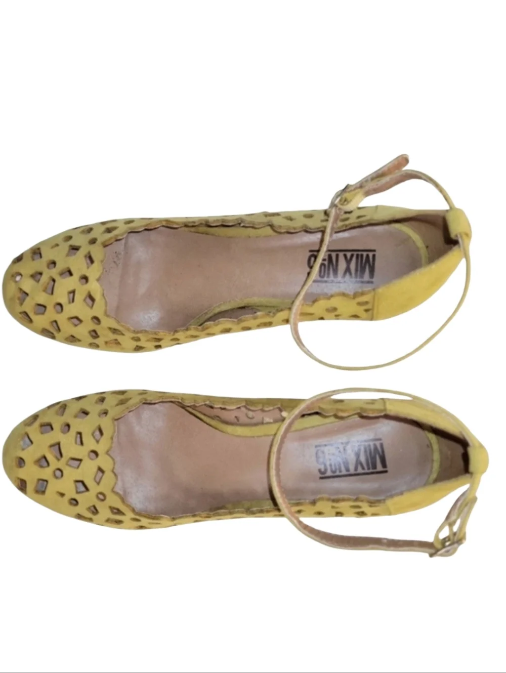 Mix No 6 Yellow Suede Laser-Cutout 4 Inch Wedge Heels Size 8 1/2